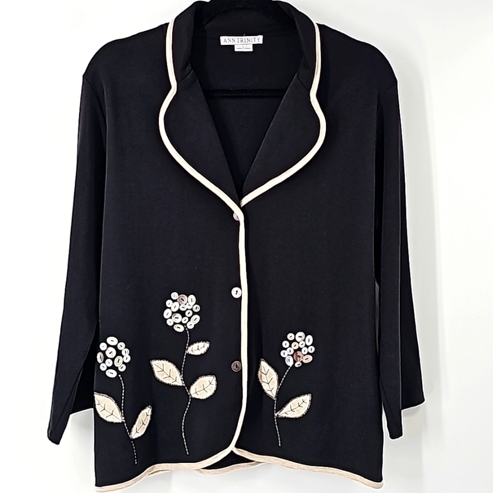 Ann Trinity‎ Black & Tan Stretch Cotton Jacket with Floral Sequined Design
